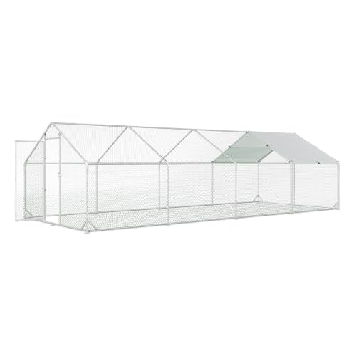 4ever2buy Metal Chicken Coop, 9.5x25 FT Walk-in Chicken Run Pen Poultry Cage, Water-Resistant & Anti-UV Cover, Large Chicken Coop for 25-30 Chickens - size: 298.8"L x 114.0"W x 76.8"H