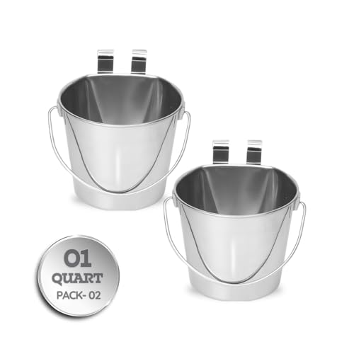 1 Quart Stainless Steel Flat Sided Bucket with Dual Hooks | 2 Pcs Durable Food & Water Bowl for Dog Cats Bird & Small Animals | Fits kennel Cage Crates Hanging Pet Pail | Multipurpose use - size: 1 Quart (Pack of 2)