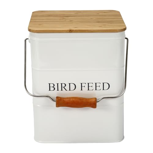 Morezi Bird Treat and Food Storage tin with Wooden lid and Scoop Included - White Powder - Carbon Steel - Birds Food bin - pet Food Container Storage Canister - color: White wood lid