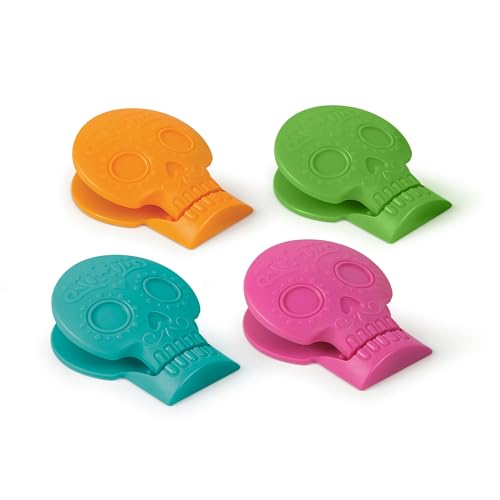 Genuine Fred SNACK SPIRITS Bag Clips, Set of 4, Molded Day of the Dead skull design, Dio de los Muertos, Colorful Calaveras, Bag Clips for food storage - style: Skulls