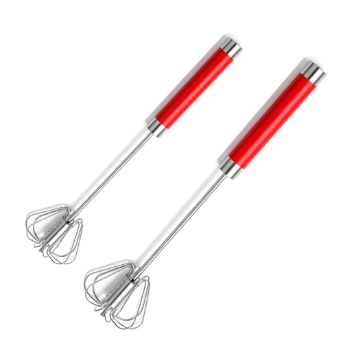 Stainless Steel Semi-Automatic Egg Whisk Set, 2PCS Hand Push Rotary Manual Mixer for Cooking, Whisking, Beating and Stirring (10&12 Inch) - color: Red (10&12in)