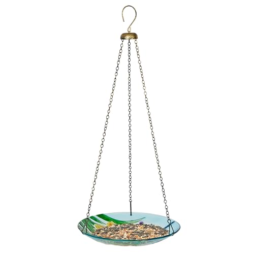 Alpine Corporation KBD158 Outdoor Hanging Glass Bird Feeder and Birdbath, Floral and Dragonfly Design with Chain, 10" W, Yellow - style: Floral and Dragonfly