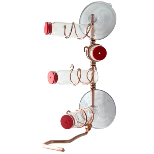 Window Hummingbird Feeder | Handcrafted Copper and Aluminum | Multiple Stations | Modern Hummingbird Feeder | Glass Bottles | Suction Cups (Copper, Four Station) - size: Four Station - Standard Perch