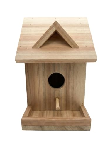 Handmade Natural Cedar Wood Assembled Cottage Birdhouse, Made in America | Classic Unpainted Cabin-Style Wren and Chickadee Nesting Box, Durable Hinged Roof, Front Entrance, Includes Perch (Assembled)