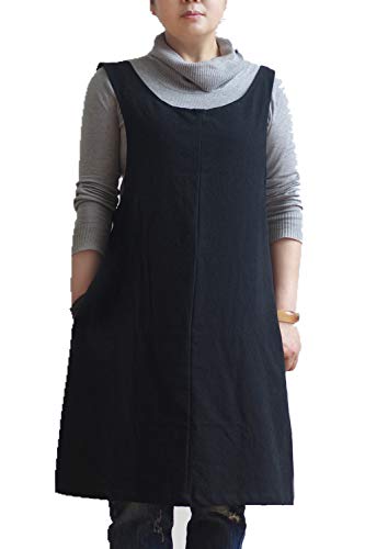 Cotton Linen Japanese Apron Halter Cross Back Bandage X Shape Aprons Two Pockets - color: Black