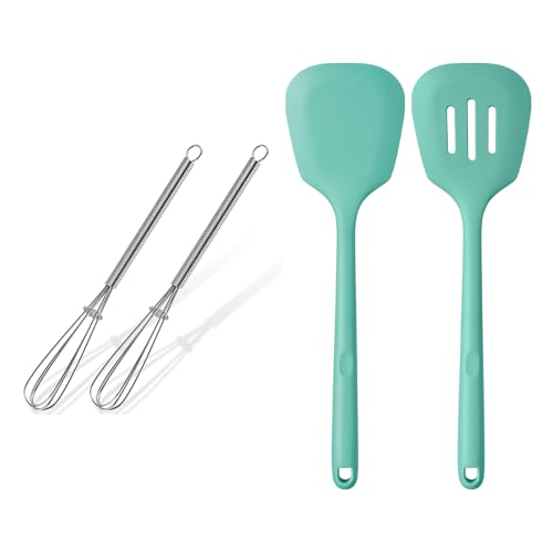 U-Taste 600ºF Heat Resistant 13.6in Solid & Slotted Thick Kitchen Silicone Turners (Aqua Sky) and 18/8 Stainless Steel 7" Mini Whisk for Cooking