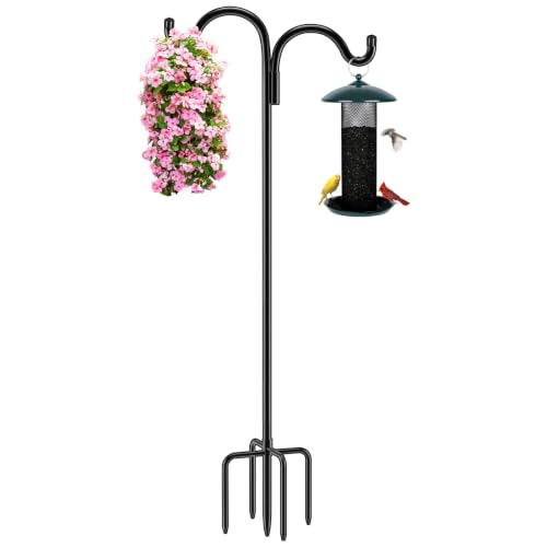 Gtongoko Double Shepherds Hook for Outdoor, 108 Inch Bird Feeder Pole with 5 Prongs Base, 5/8 Inch Thick Heavy Duty Adjustable Garden Hook for Hanging Plant, Lantern, Hummingbird Feeder, 1 Pack - size: 108 Inch