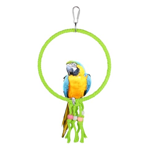 Bird Swing, 20 CM Diameter Hanging Parrot Swing with Colourful Beads, Swing Parrot Toys Cotton Rope Ring Bird Cage Toys for Budgie, Cockatiel, Canary, Parakeet, Finch (Green) - color: green