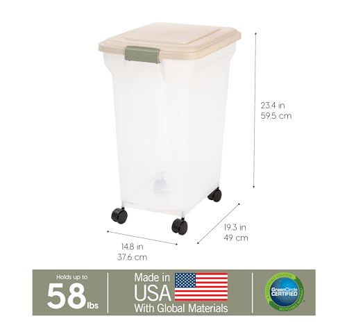 IRIS USA Dog Food Storage Container, Up to 58 lbs, Almond, Made in USA | Wheels for Mobility, Airtight Seal, BPA-Free, Best for Bird Seed, Cat food, Cat Litter, Chicken Feed, Pellets - color: Almond, size: 58 lbs