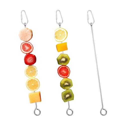 3Pcs Bird Food Holder Cage Food Holder Stainless Steel Small Animal Bird FoodTreats Skewer Hanging Vegetable Fruit Feeder Feed Treating Tool Parrots Cockatoo Cockatiel (Silver)