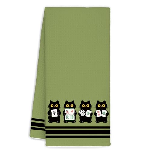 Funny Mahjong Black Cat Kitchen Dish Towels 16x24 inch, Black Cat Gifts for Women Men, Mahjong Lovers Players Gifts Decorative Hand Tea Towels for Bathroom Kitchen - color: Funny-mahjong Cat