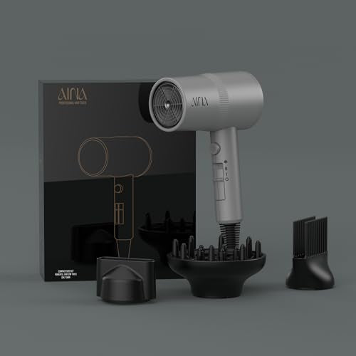 AINA Hair Dryer with Diffuser,Comb Full-Featured Blow Dryer 110V(Grey) | 3 Heat/2 Speed;Cold shut button;Lightweight;Compact Size;High Temp;Low Airflow;Same Results;Less Expense - color: Ash Grey, size: 4 Piece