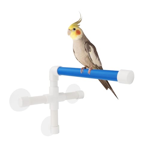 Hypeety Portable Suction Cup Bird Window and Shower Perch Toy Parrot Stand | 3 strong suction cups, parrot bath perch, easy to install, fits windows/shower tile, for budgies/parakeets/lovebirds, blue