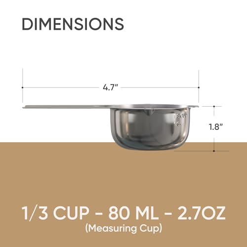 Color Up ⅓ Cup Measuring Cup (80 ml) – Premium Chrome Stainless Steel, Accurate for Wet & Dry Ingredients, Embossed Markings, Easy-Pour Spouts, Dishwasher-Safe, Kitchen Essential - size: 1/3 Cup (80 ml) Stainless