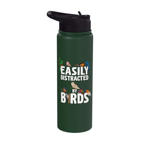 Easily Distracted By Birds Funny Bird Watcher & Birdwatching Stainless Steel Insulated Water Bottle - color: Dark Green