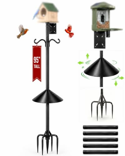 95 Inch Squirrel Proof Bird Feeder Pole, Heavy Duty 1-Inch Diameter Bird House Pole with Squirrel Baffle,2 Shepherd Hooks & Dual Mounting Plates for Smart Bird Feeders, Birdhouses and Weather Stations - size: 95Inch -With baffle-1
