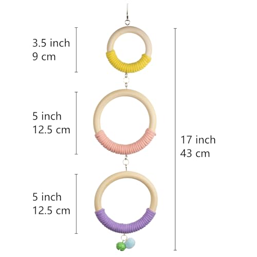 3-Ring Bird Wooden Swing with Bell Climbing Toy Chewable Cotton Rope Perch | 17 Inch for Cage Cockatiels Budgies Parakeets Lovebirds