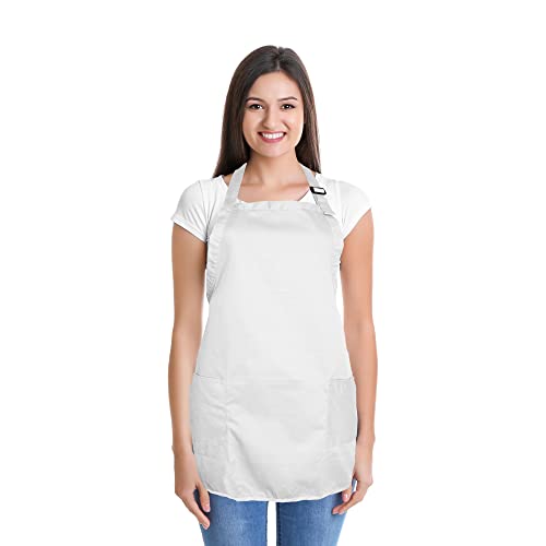 DALIX Apron Commercial Restaurant Home Bib Spun Poly Cotton Kitchen Aprons (2 Pockets) in White - color: White