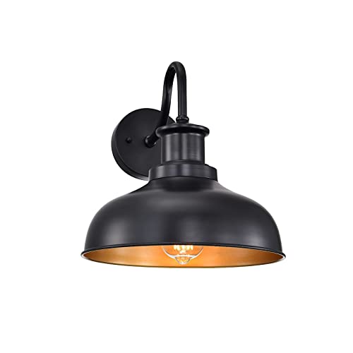 Outdoor Barn Light Outdoor Wall Sconce Farmhouse Rustic Exterior Wall Mount Lights Vintage Outside Lighting Fixture Industrial Black Lantern Works with Gooseneck Barn Porch Entryway Garage Shed - color: Black+Gold, size: 01RZ007-1 PACK(Not Dusk to Dawn)