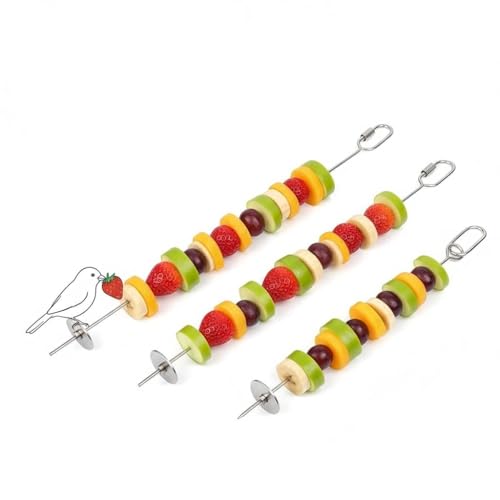 3P Stainless Steel Bird Cage Food Holder & Foraging Toy for Parakeets, Budgies, Macaws - Fruit & Vegetable Skewer Feeder