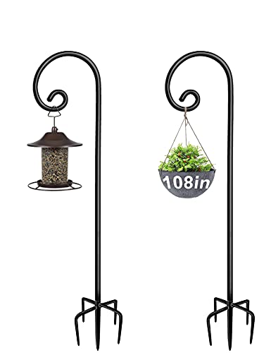 Outdoor Shepherd Hooks 108 inch Tall for Bird Feeder (2 Packs), Adjustable Metal Garden Poles for Hanging Plants Solar Light Lantern, Bright Black - size: 108IN