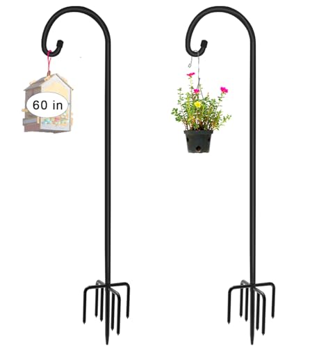 60 inch Outdoor Shepherd Hook with 7 Prong Base (2 Packs), Adjustable Heavy Duty Garden Hanging Stake for Bird Feeder Solar Light Plant Hanger Wedding Decor, Matte Black - size: 60IN-2PACKS