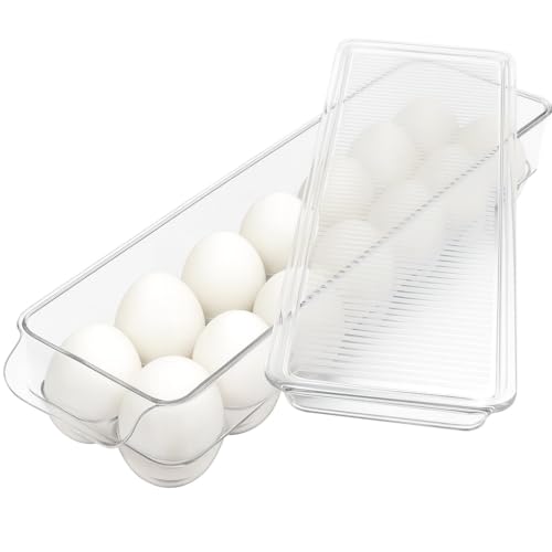 Dependable Industries inc. Essentials Clear Acrylic Egg Storage Container with Lid, 14-Egg Capacity, BPA-Free Refrigerator Organizer, Stackable Tray with Handle, Dishwasher Safe