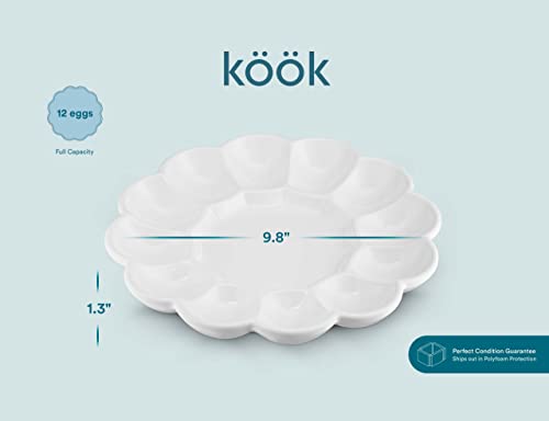 Kook Ceramic Deviled Egg Tray & Platter, Easter Egg Holder, 10-Inch Plate, Holds 12 Halves, Dishwasher, Microwave, Freezer & Oven Safe, White