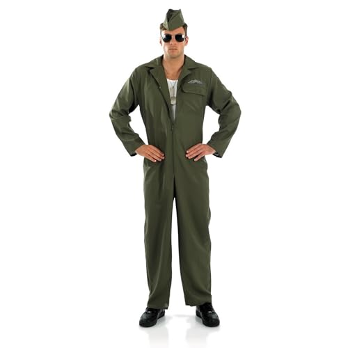 fun shack, Flight Suit Costume Men, Halloween Costumes for Men | Khaki Green Military Style Jumpsuit with Zipper Closure, Matching Hat Included, Perfect for Halloween, Great for Dress-Up