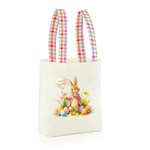 Easter Basket Bunny Canvas Tote Bag, 12.2x11 Inches, Natural Canvas, Hand-Carry, for Gift and Easter Egg Collection - color: B-pink