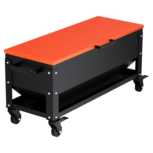 Heavy Duty Chicken Feeder 120 lbs Large Capacity, Metal Automatic Poultry Feeding Box with Waterproof Lid, Raised Standing Feeder with Wheels for Hens & Roosters, Portable & Easy to Move