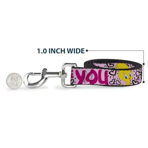 Buckle-Down Pet Leash - Tweety Bird I LOVE YOU Pink/Black - 4 Feet Long - 1" Wide | Tweety Bird I Love You Pink Black Durable Stylish For Walks - size: 4 Feet Long - 1" Wide
