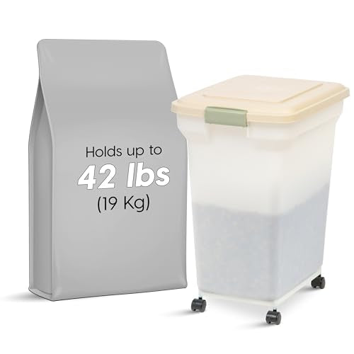 IRIS USA Dog Food Storage Container, Up to 40 lbs, Almond, Made in USA | Wheels for Mobility, Airtight Seal, BPA-Free, Best for Bird Seed, Cat food, Cat Litter, Chicken Feed, Pellets - color: Almond, size: 40 lbs
