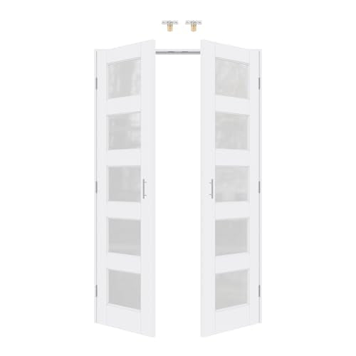 48x80 Interior French Door,5-Lite Frosted Glass Doors,DIY Prehung Room Door | Prefinished & Paintable Double Doors with Ball Catches & Hinges & Handles,Tempered Frosted Glass,Interior Swing Closet Door - color: 5 Panel Frosted Glass, size: 48" x 80"