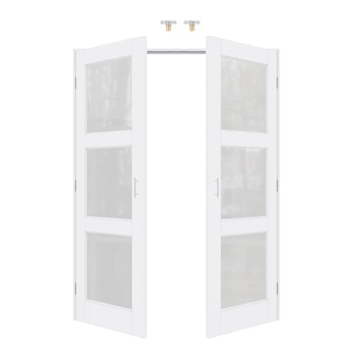 60x80 Interior French Door,3-Lite Frosted Glass Doors,DIY Prehung Room Door | Prefinished & Paintable Double Doors with Ball Catches & Hinges & Handles, Tempered Frosted Glass, Interior Swing Closet Door - color: 3 Panel Frosted Glass, size: 60" x 80"