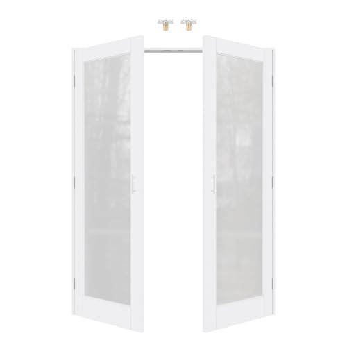 60x80 Interior French Door,1-Lite Frosted Glass Doors,DIY Prehung Room Door | Prefinished & Paintable Double Doors with Ball Catches & Hinges & Handles, Tempered Frosted Glass, Interior Swing Closet Door - color: Full Frosted Glass, size: 60" x 80"