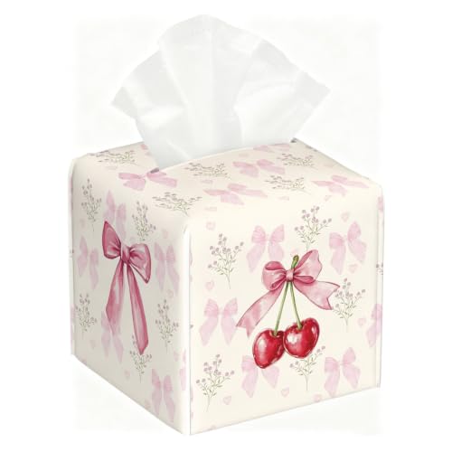 Watercolor Pink Bow Cherry Tissue Holder, Coquette Decor Gift | 5.2Inch Coquette Pink PU Tissue Box Cover, Decor for Vanity,Bedroom,Restroom & Dorm, Birthday & Girls Holiday Gift - color: White Decoration Theme-13