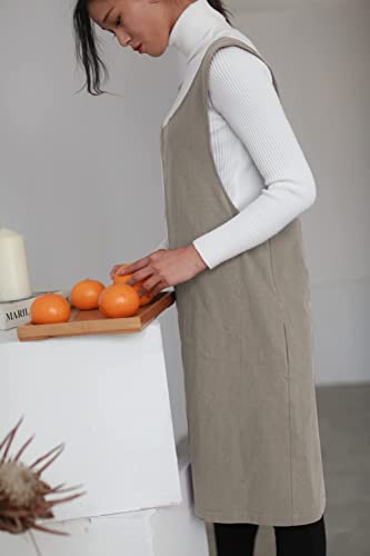 Cotton Linen Japanese Apron Halter Cross Back Bandage X Shape Aprons Two Pockets - color: Khaki