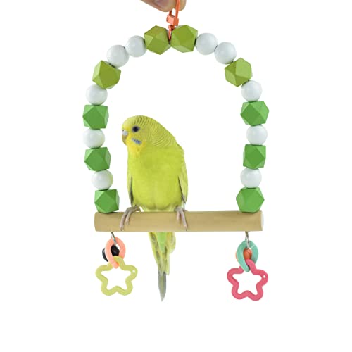 Wooden Bird Swing Perch for Parakeet, Small Birds Hanging Cage Stands | Cockatiels Parrot Chewing Training Toy, Green Wood Beads with Bell, Birdcage Playground Gym Accessories - color: Green