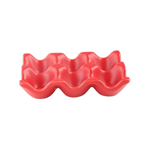 Pokinge Ceramic Egg Holder, 6 Cups Porcelain Egg Storage Rack Half Dozen Egg Tray Kitchen Fridge Storage Supplies Home Tabletop Decoration(red)