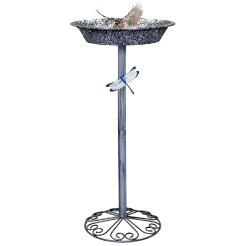 Outdoor Garden Bird Bath, 25.5 inch Height Bird Feeder, Metal Birdbath with Dragonfly for Garden Yard Patio Lawn Decoration, Gray - color: Gray