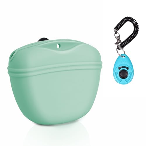 Left&Right Dog Clicker Training Kit,Silicone Dog Training Treat Pouch and Dog Clickers,Dog Treat Bag with Clicker Training for Dogs,Pet Treat Bag with Magnetic Buckle Closing and Waist Clip,Egg Green - color: Egg Green