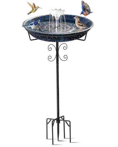 Yiabivo Solar Powered Bird Bath with Fountains for Hummingbirds,Stable Stylish Design with 5-Prong Base Stake Metal Bird Bath for Outside Yard Lawn Patio Garden(Blue) - color: White