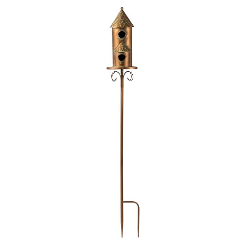 Glitzhome Birdhouses for Outdoors, Bird Houses for Outside, 53" H Farmhouse Faux Copper 2-Tiered Distressed Metal Bird House Decorative Garden Birdhouse with Stake