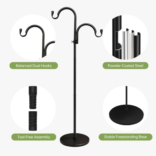 63" Double Shepherds Hooks for Outdoor, Freestanding Adjustable Shepherds Hook with Base, Metal Bird Feeder Pole for Wind Chimes, Hummingbird Feeders, Lanterns, Hanging Plants, Indoor Outdoor Decor