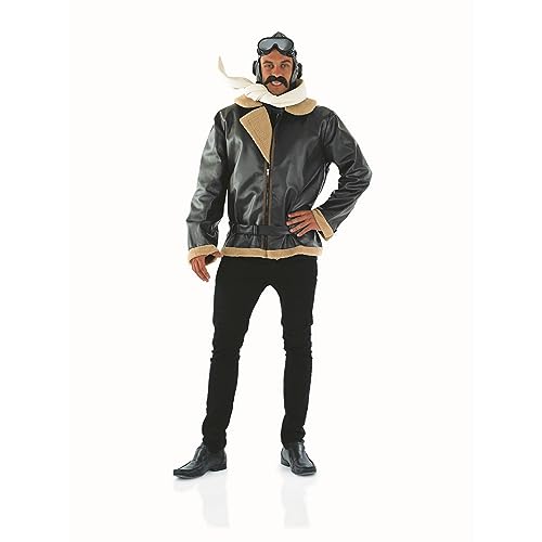 fun shack, Aviator Costume Men, Halloween Costumes for Men | Brown Leather-look Jacket with Beige Fleece Trim, Off-white Scarf Included, Perfect for Halloween, Great for Dress-Up - size: X-Large