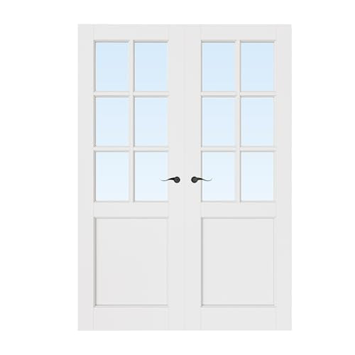 48x80 Interior French Door,6-Lite Clear Glass Doors,Living Room Doors | Matte Black Hardware-Privacy Door Lever with Lock, Latch&Hinges, Solid Core,Tempered Glass,No PreDrill,Jamb Assembly Required - color: 6 Lite, Black Hinges, size: 48x80 for 50x82 open