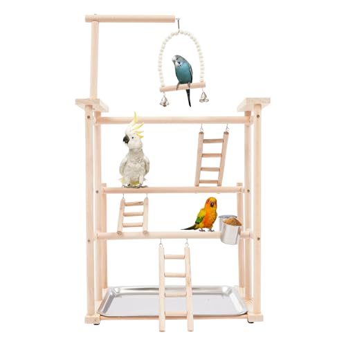 Parrots Rack, Wood Bird Playing Stand, Pet Parrot Rack Playground Wood Perch Gym Stand Playpen Ladder with Toys Exercise Playgym with Feeder Cups Toys Exercise Play