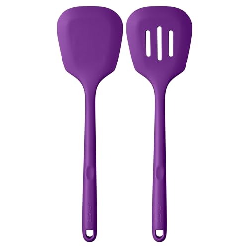 U-Taste Silicone Turner Spatula Set of 2, 13.6" Long/3.7" Wide, Purple | 600ºF Heat Resistant Food Grade Silicone Cooking Utensils Set, Wide Large Solid & Slotted Turner Pancake Egg Flipper - color: Purple
