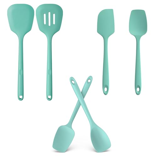 U-Taste 2PCS 13.6in 600ºF Silicone Turners & 2PCS 11.38in Flat/Spoon Spatulas & 600ºF Silicone Spoons (Aqua Sky)